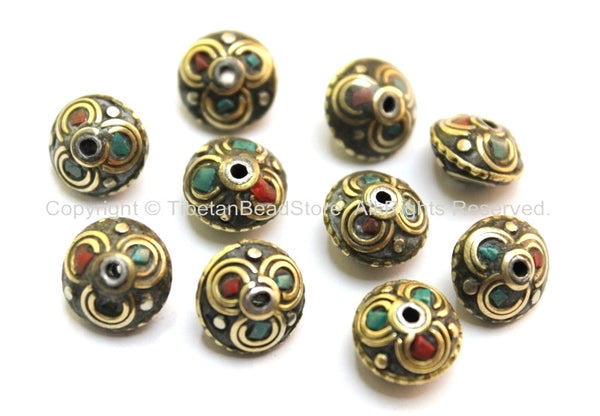 10 BEADS - Tibetan Floral Beads with Brass, Turquoise & Coral Inlays - Ethnic Tribal Tibetan Beads - B1612-10