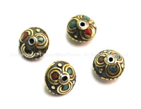 4 BEADS - Tibetan Floral Beads with Brass, Turquoise & Coral Inlays - Ethnic Tribal Tibetan Beads - B1612-4