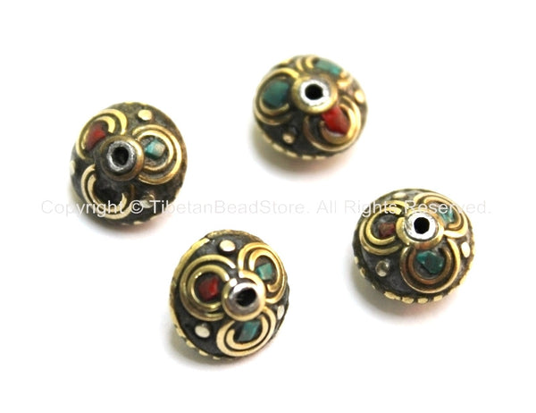 4 BEADS - Tibetan Floral Beads with Brass, Turquoise & Coral Inlays - Ethnic Tribal Tibetan Beads - B1612-4