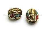 2 BEADS - Tibetan Oval Beads with Brass, Turquoise & Coral Inlays -9mm x 12mm -  Ethnic Tibetan Beads - B1605-2