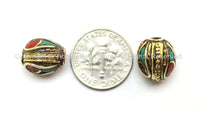 2 BEADS - Tibetan Oval Beads with Brass, Turquoise & Coral Inlays -9mm x 12mm -  Ethnic Tibetan Beads - B1605-2