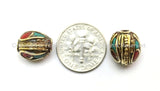 2 BEADS - Tibetan Oval Beads with Brass, Turquoise & Coral Inlays -9mm x 12mm -  Ethnic Tibetan Beads - B1605-2