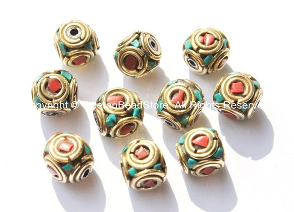 10 BEADS - Tibetan Beads with Brass, Turquoise & Copal Coral Inlays - Tibetan Beads with Brass Circles - B1775-10