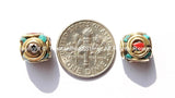 2 BEADS - Tibetan Beads with Brass, Turquoise & Copal Coral Inlays - Tibetan Cube Beads with Brass Circles - B1775-2