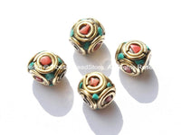 4 BEADS - Tibetan Beads with Brass, Turquoise & Copal Coral Inlays - Tibetan Cube Beads with Brass Circles - B1775-4