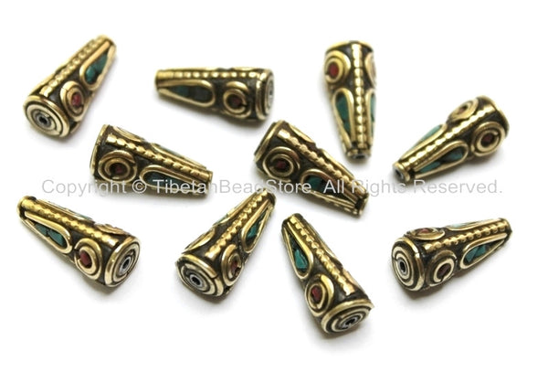 10 beads - Tibetan Cone Beads with Brass, Turquoise & Coral Inlays - Ethnic Tribal Tibetan Brass Inlay Beads - B1610-10