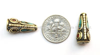 10 beads - Tibetan Cone Beads with Brass, Turquoise & Coral Inlays - Ethnic Tribal Tibetan Brass Inlay Beads - B1610-10