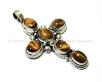 Tibetan Cross Pendant with Tigers Eye Inlays - Handmade Artisan Tibetan Cross Pendant - WM243