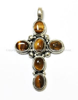 Tibetan Cross Pendant with Tigers Eye Inlays - Handmade Artisan Tibetan Cross Pendant - WM243