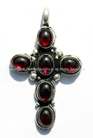 Garnet Cross Pendant - Tibetan Cross Pendant with Onyx Garnet Inlays - Ethnic Nepal Tibetan Handmade Jewelry -  WM239