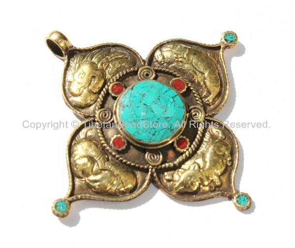 LARGE Ethnic Tibetan Brass Double Vajra Style Pendant with Repousse Animals, Spirals, Turquoise & Coral Inlays - WM5500