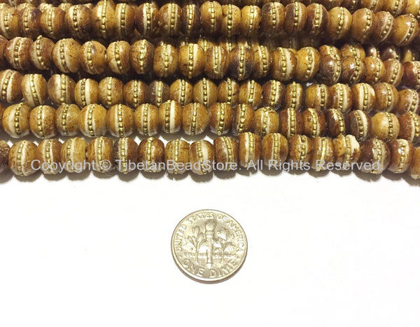 20 BEADS - Antiqued Bone Tibetan Beads with Brass Inlays -Ethnic Tibetan Beads - LPB88A-20
