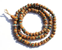 Tibetan Prayer Beads - 8mm 108 Beads Wooden Mala Prayer Beads with Turquoise, Coral, Brass & Copper Inlays - PB15S