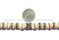 10 BEADS 9-10mm Tibetan White Bone Beads with Turquoise & Coral Inlays- Handmade Nepal Tibetan Beads - Mala Making Supplies - LPB12-10