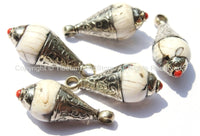 Ethnic Tibetan Antiqued Conch Shell Drop Charm Pendant with Carved Tibetan Silver Caps & Coral Accent - 1 PENDANT - WM6031-1