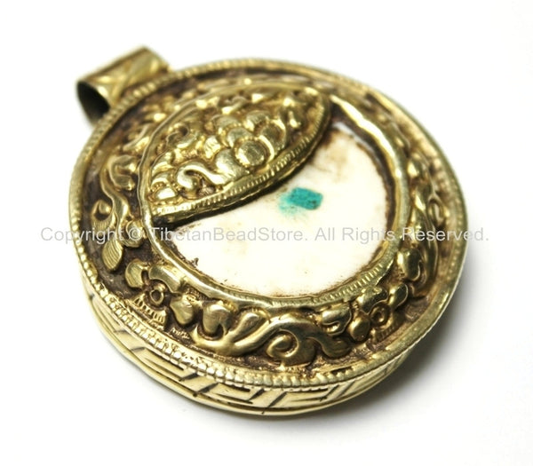 Ethnic Tibetan Naga Conch Shell & Repousse Tibetan Silver and Brass Pendant - 50mm x 58mm - Large Nepal Tibetan Naga Shell Pendant - WM3824