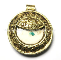 Ethnic Tibetan Naga Conch Shell & Repousse Tibetan Silver and Brass Pendant - 50mm x 58mm - Large Nepal Tibetan Naga Shell Pendant - WM3824