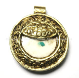 Ethnic Tibetan Naga Conch Shell & Repousse Tibetan Silver and Brass Pendant - 50mm x 58mm - Large Nepal Tibetan Naga Shell Pendant - WM3824