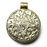 Ethnic Tibetan Naga Conch Shell & Repousse Tibetan Silver and Brass Pendant - 50mm x 58mm - Large Nepal Tibetan Naga Shell Pendant - WM3824