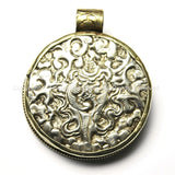 Ethnic Tibetan Naga Conch Shell & Repousse Tibetan Silver and Brass Pendant - 50mm x 58mm - Large Nepal Tibetan Naga Shell Pendant - WM3824