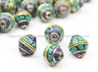 4 BEADS Tibetan Bicone Shape Brass Beads with Lapis, Turquoise Inlays - TibetanBeadStore Brass Inlay Beads- Tibetan Beads - B2750-4