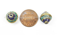 4 BEADS Tibetan Bicone Shape Brass Beads with Lapis, Turquoise Inlays - TibetanBeadStore Brass Inlay Beads- Tibetan Beads - B2750-4