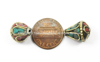 2 BEADS Ethnic Tibetan Floral Beads with Brass, Turquoise, Coral Inlays- TibetanBeadStore- Tibetan Beads- Jewelry Making Supplies- B2754-2