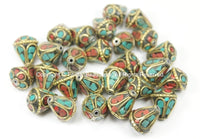 2 BEADS Ethnic Tibetan Floral Beads with Brass, Turquoise, Coral Inlays- TibetanBeadStore- Tibetan Beads- Jewelry Making Supplies- B2754-2