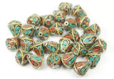 4 BEADS Ethnic Tibetan Floral Beads with Brass, Turquoise, Coral Inlays- TibetanBeadStore- Tibetan Beads- Jewelry Making Supplies- B2754-4