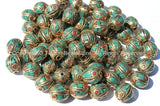 20 BEADS - Fine Handmade Oval Shaped Tibetan Beads with Brass, Turquoise & Coral Inlays - Ethnic Nepal Tibetan Beads - B2557-20