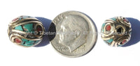 20 BEADS - Fine Handmade Oval Shaped Tibetan Beads with Brass, Turquoise & Coral Inlays - Ethnic Nepal Tibetan Beads - B2557-20