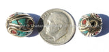 20 BEADS - Fine Handmade Oval Shaped Tibetan Beads with Brass, Turquoise & Coral Inlays - Ethnic Nepal Tibetan Beads - B2557-20