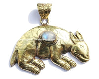 Large Tibetan Brass Animal Pendant with Moonstone Gemstone Inlay - Brass Repousse Animal - Tibetan Jewelry - Tibetan Pendant - WM5397