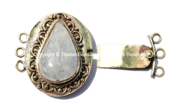AS IS OOAK Large Tibetan Brass Clasp with Moonstone Inla- Ethnic Tribal Nepal Tibetan Jewelry Clasps-Tibetan Beads- TibetanBeadStore - B2653