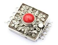 Ethnic Tibetan Repousse Carved Tibetan Silver Clasp with Red Coral Inlay & Floral Details -Ethnic Box Clasps - Focal Tibetan Clasp - B2718