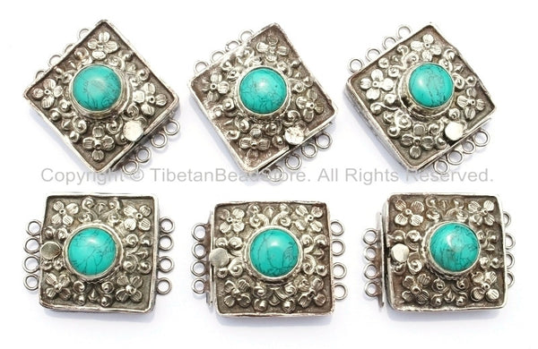 Ethnic Tibetan Repousse Carved Tibetan Silver Clasp with Turquoise Center Inlay & Floral Details - Focal Tibetan Clasp - B2717