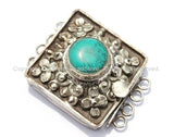 Ethnic Tibetan Repousse Carved Tibetan Silver Clasp with Turquoise Center Inlay & Floral Details - Focal Tibetan Clasp - B2717