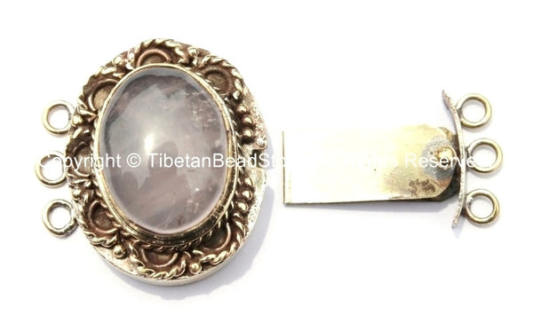 OOAK Tibetan Handmade Brass Clasp with Rose Quartz Inlay - Handmade Findings -  Tibetan Jewelry - Tibetan Beads - Ethnic Clasps - B2693