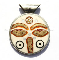 Nepal Tibetan Reversible Buddha Wisdom Eyes & Om Mani Mantra Bone Pendant with Metal Inlay - Boho Ethnic Tibetan Handmade Jewelry - WM4698