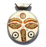 Nepal Tibetan Reversible Buddha Wisdom Eyes & Om Mani Mantra Bone Pendant with Metal Inlay - Boho Ethnic Tibetan Handmade Jewelry - WM4698
