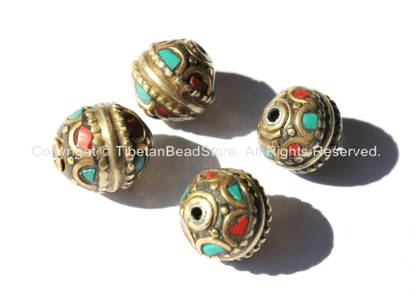 1 bead - Tibetan Bead with Brass, Turquoise, Coral Inlays - Handmade Nepal Tibetan Beads - B1530-1