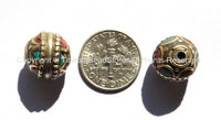 1 bead - Tibetan Bead with Brass, Turquoise, Coral Inlays - Handmade Nepal Tibetan Beads - B1530-1