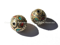 2 beads - Tibetan Beads with Brass, Turquoise, Coral Inlays - Handmade Nepal Tibetan Beads - B1530-2