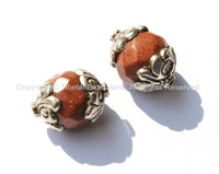 2 beads - Tibetan Brown Goldstone Beads with Repousse Tibetan Silver Caps - 13mm x 18mm - Faceted Brown Goldstone Monks Stone Beads - B1841