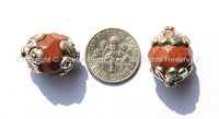 2 beads - Tibetan Brown Goldstone Beads with Repousse Tibetan Silver Caps - 13mm x 18mm - Faceted Brown Goldstone Monks Stone Beads - B1841