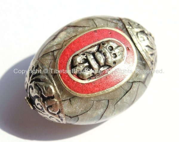 1 Bead - LARGE Reversible Tibetan Silver Grey Crackle Resin Focal Bead with Repousse Tibetan Silver Vajra Dorje, Caps & Coral Inlay- B2032-1