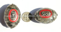 1 Bead - LARGE Reversible Tibetan Silver Grey Crackle Resin Focal Bead with Repousse Tibetan Silver Vajra Dorje, Caps & Coral Inlay- B2032-1