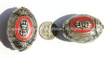 1 Bead - LARGE Reversible Tibetan Silver Grey Crackle Resin Focal Bead with Repousse Tibetan Silver Vajra Dorje, Caps & Coral Inlay- B2032-1