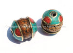 1 bead - Ethnic Nepal Tibetan Bodhi Seed Bead with Brass, Turquoise & Coral Inlaid Caps - TibetanBeadStore - Tibetan Beads - B2088-1