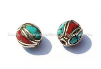 Tibetan Beads - 2 Beads - Round Brass Beads with Turquoise & Coral Inlays - B215-2